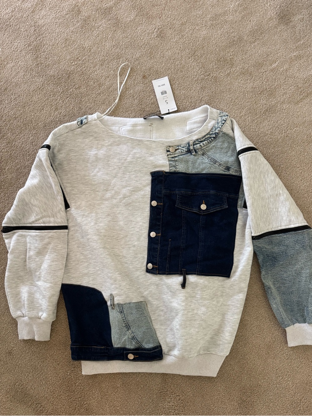 AKIRA Light Gray Sweatshirt with Denim Patchwork (Blue) oversized never worn NWT